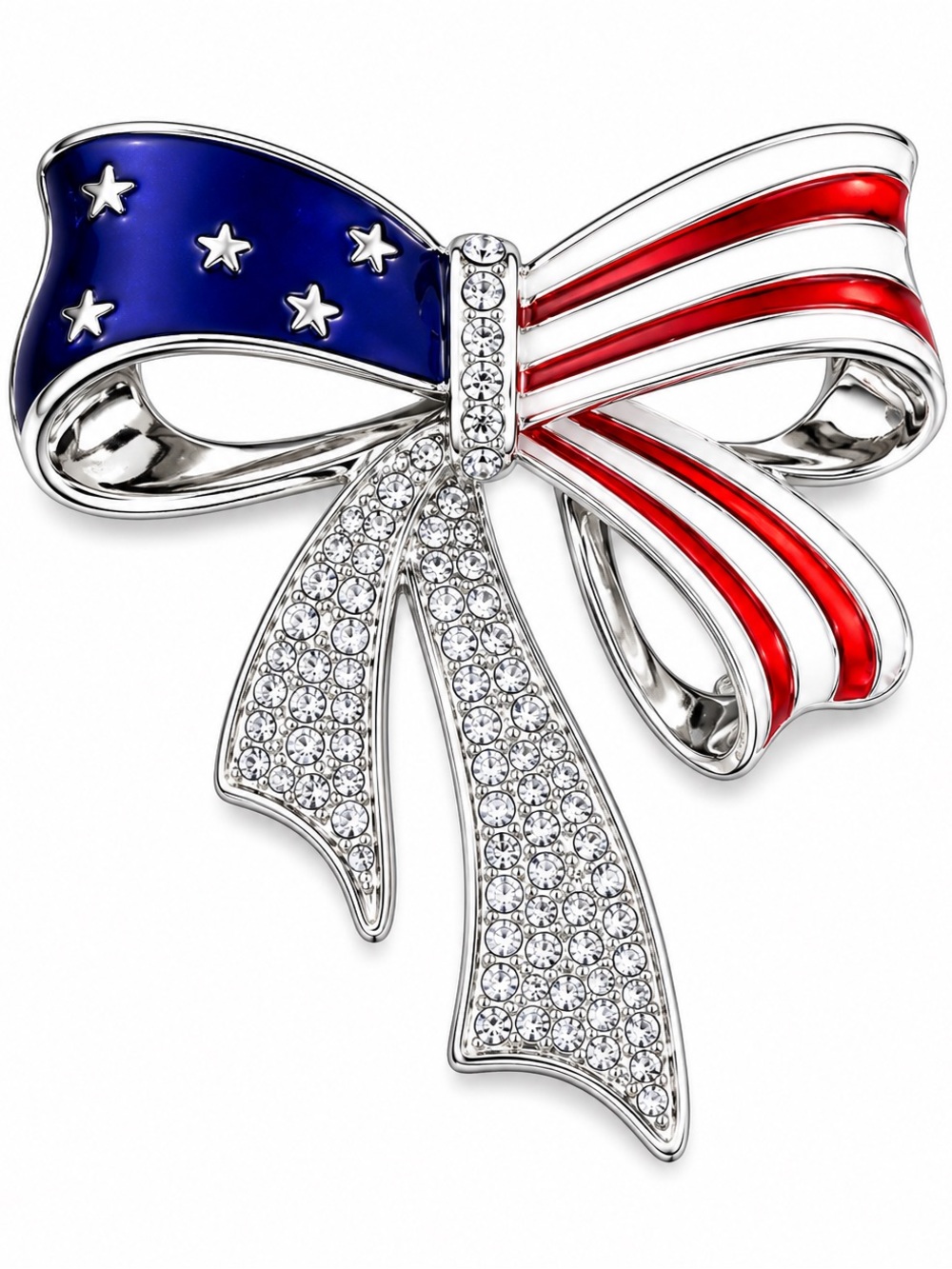 New Patriotic American Flag Bow Rhinestone Brooch Pin Silver Tone Red White Blue